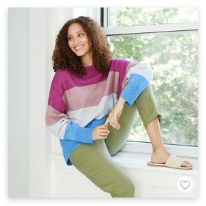 A new day purple blue gray striped sweater Large
